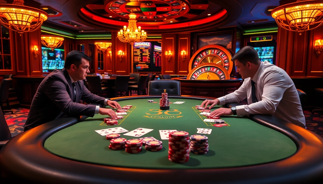 Exciting scene of a j88 poker table with players and colorful casino elements.