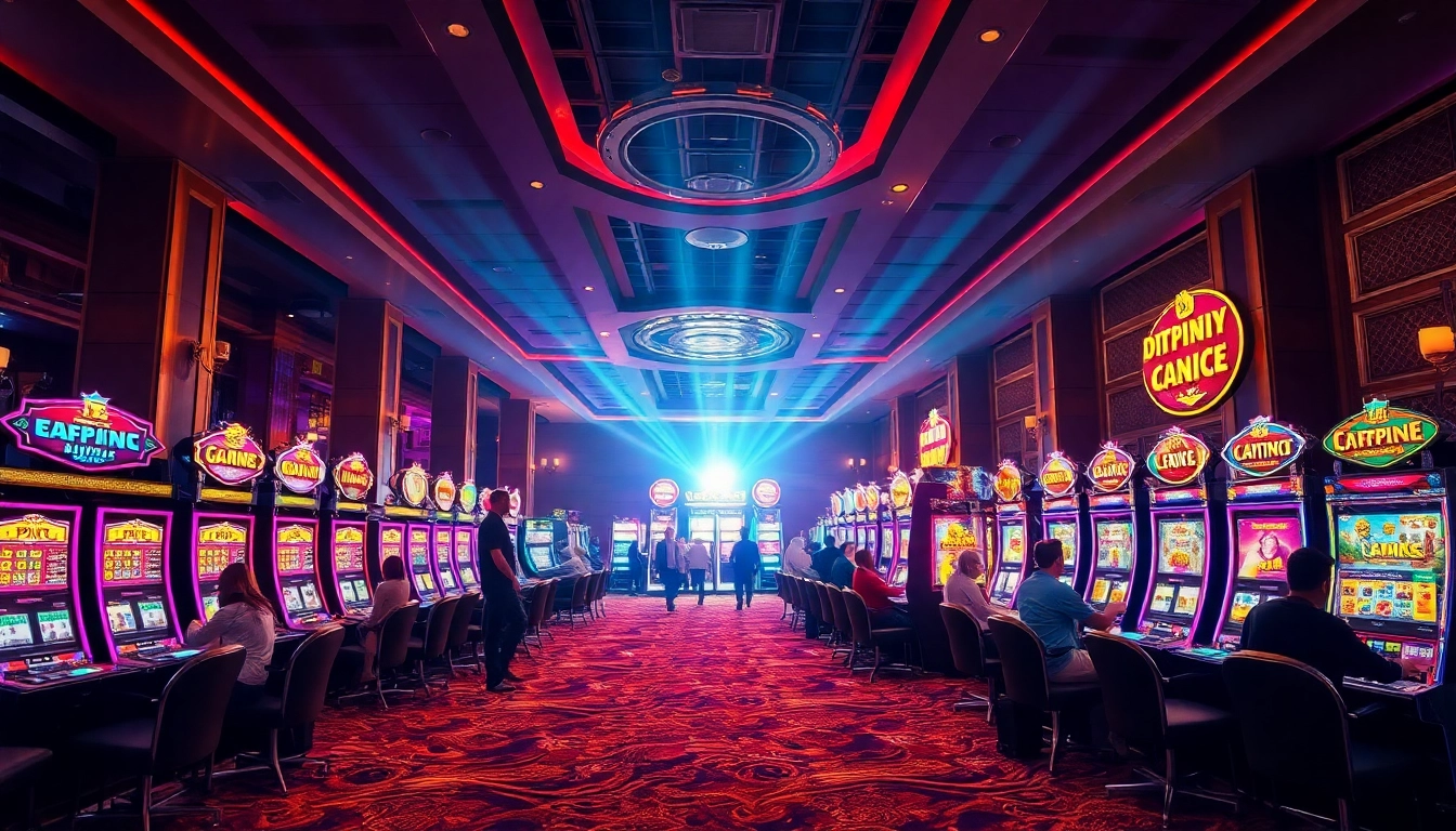 Excited players spinning modern slot machines in a luxurious casino environment.