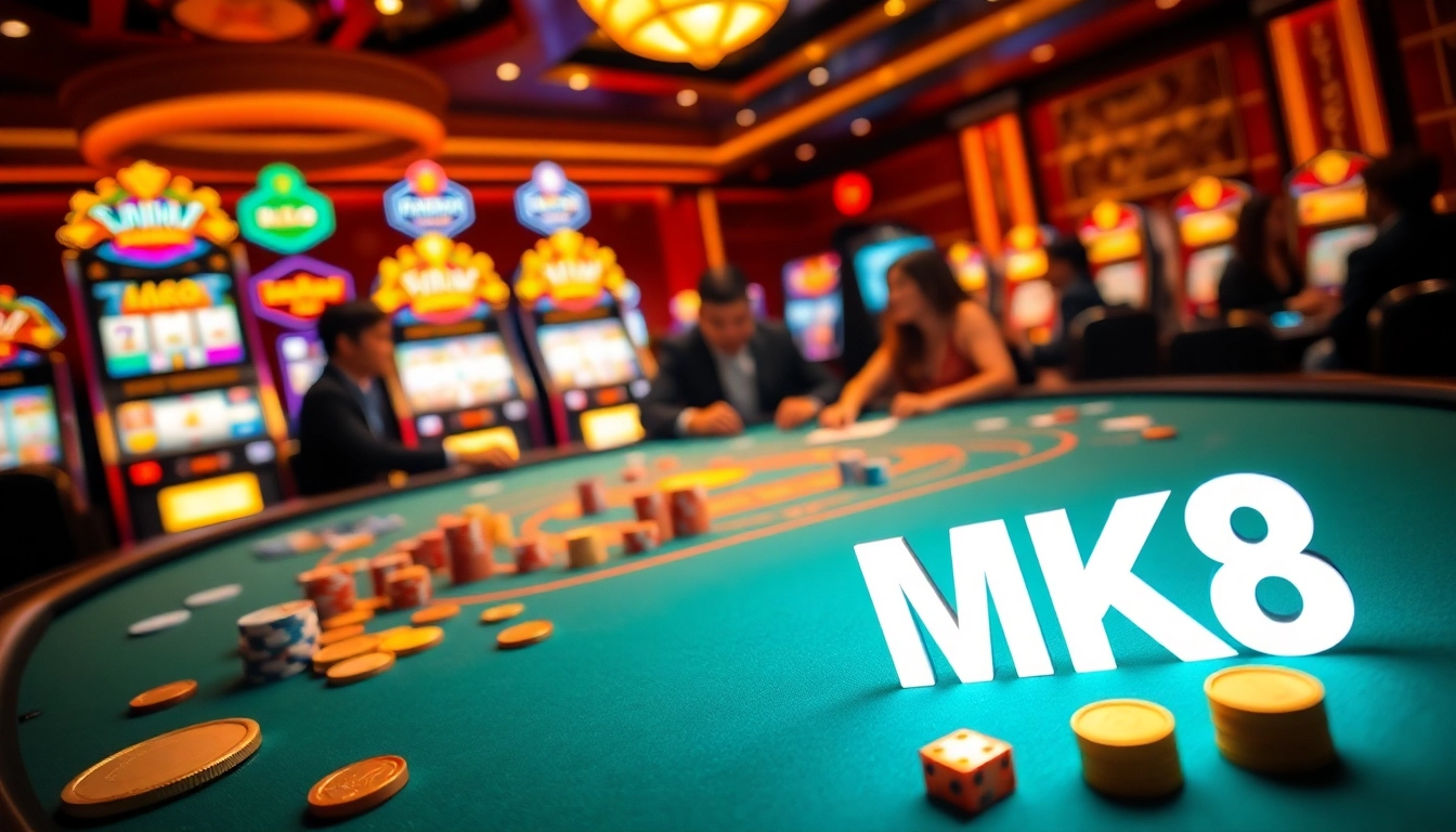 Players enjoying a poker game with the highlight on เครดิตฟรี MK8 promotions in a vibrant casino setting.