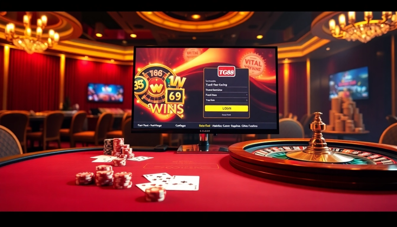 TG88 đăng nhập at a vibrant casino table with poker chips and an exciting online interface.