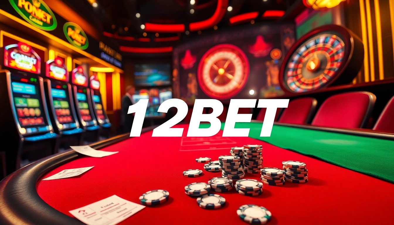 Experience the excitement of 12BET with a vibrant casino scene featuring poker, roulette, and slot machines.