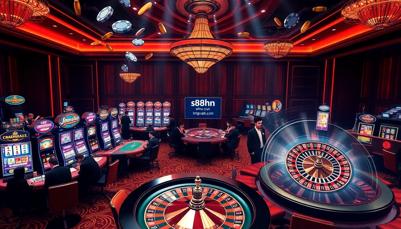 Gambling excitement at https://s8hn.com/ with vibrant poker tables and spinning roulette wheel.
