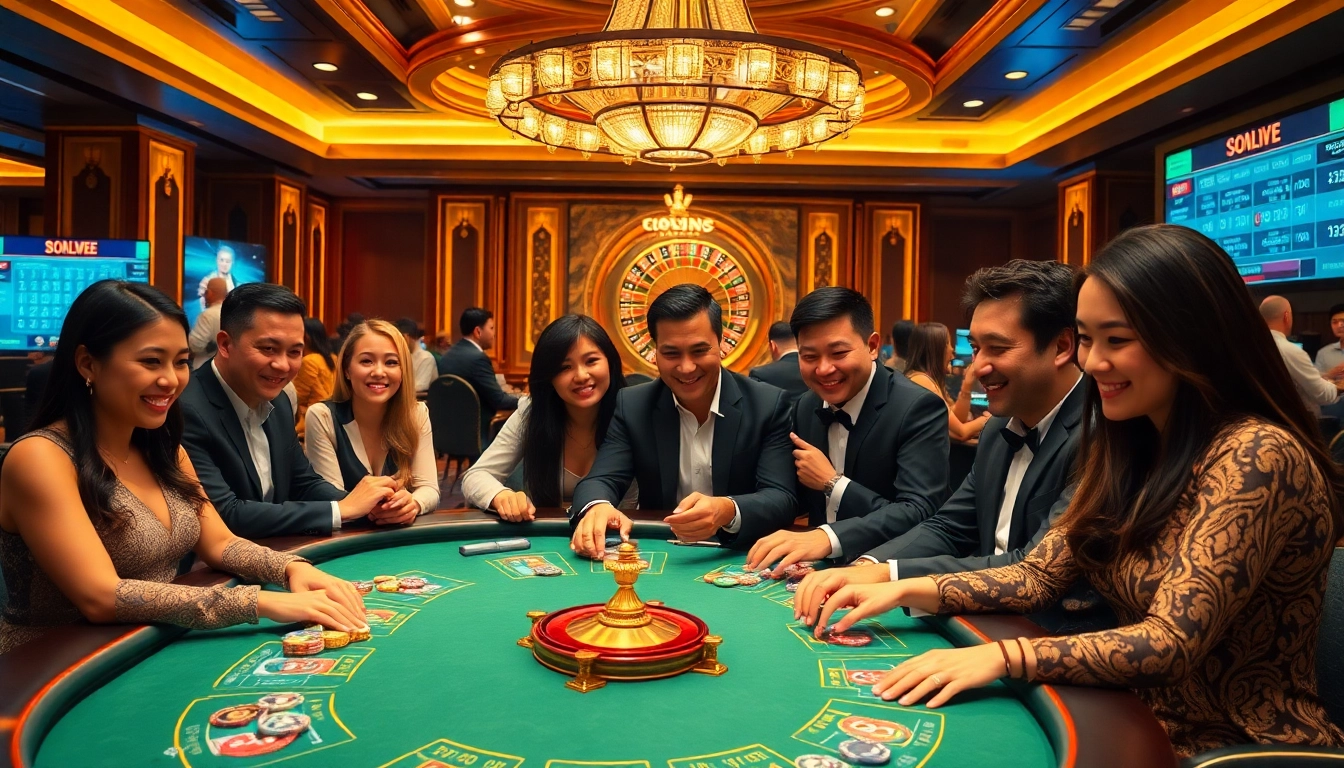 Excited players enjoying various casino games at king88 com in a luxurious environment.
