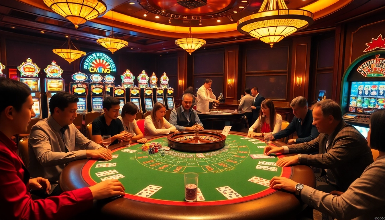 Sodocasino players engage with a luxurious poker table amidst a vibrant casino atmosphere.