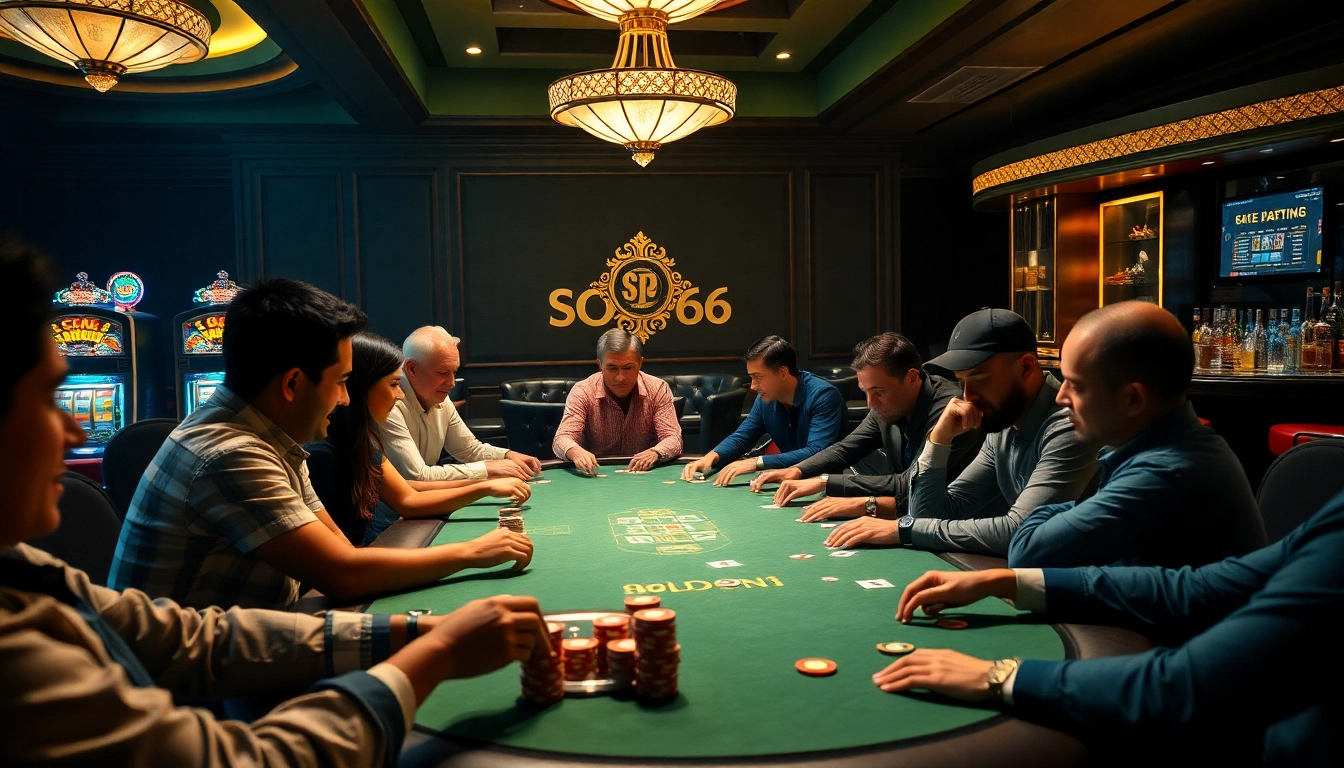 SODO66 players intensely competing at a high-stakes poker table in a luxury casino setting.