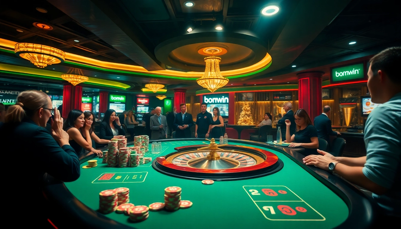 Players enjoy thrilling games at a glamorous casino featuring bomwin chips and roulette.