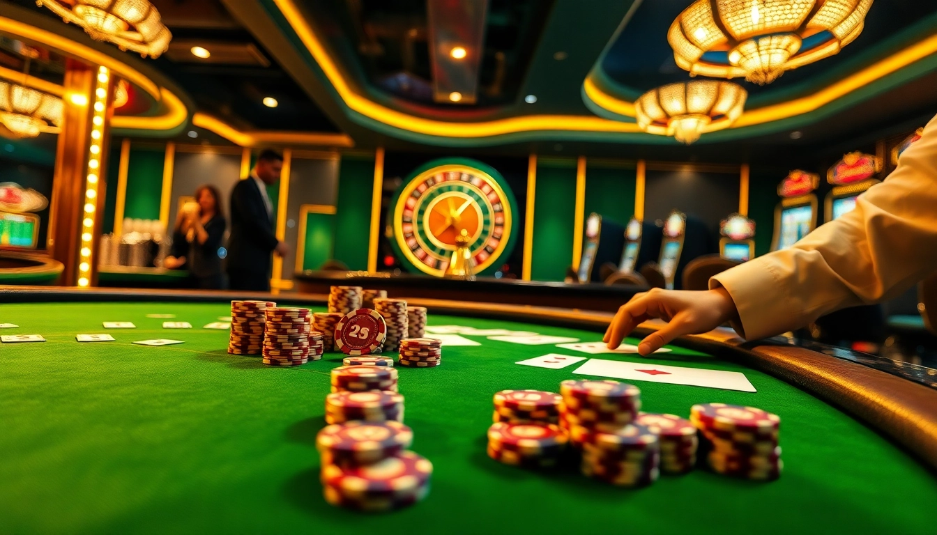 A dynamic gaming table at i9bet.com, showcasing poker chips, cards, and an exciting roulette wheel.