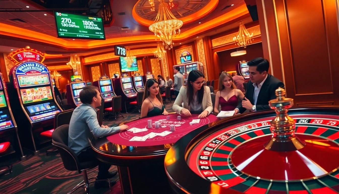 Experience exhilarating gaming action at 78WIN with vibrant slot machines and poker tables.