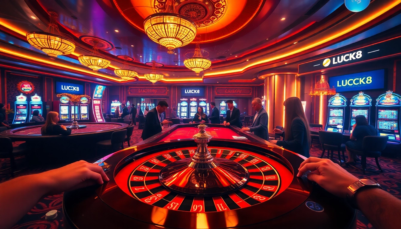 Experience the thrilling atmosphere of LUCK8's casino, featuring a roulette table surrounded by eager players.