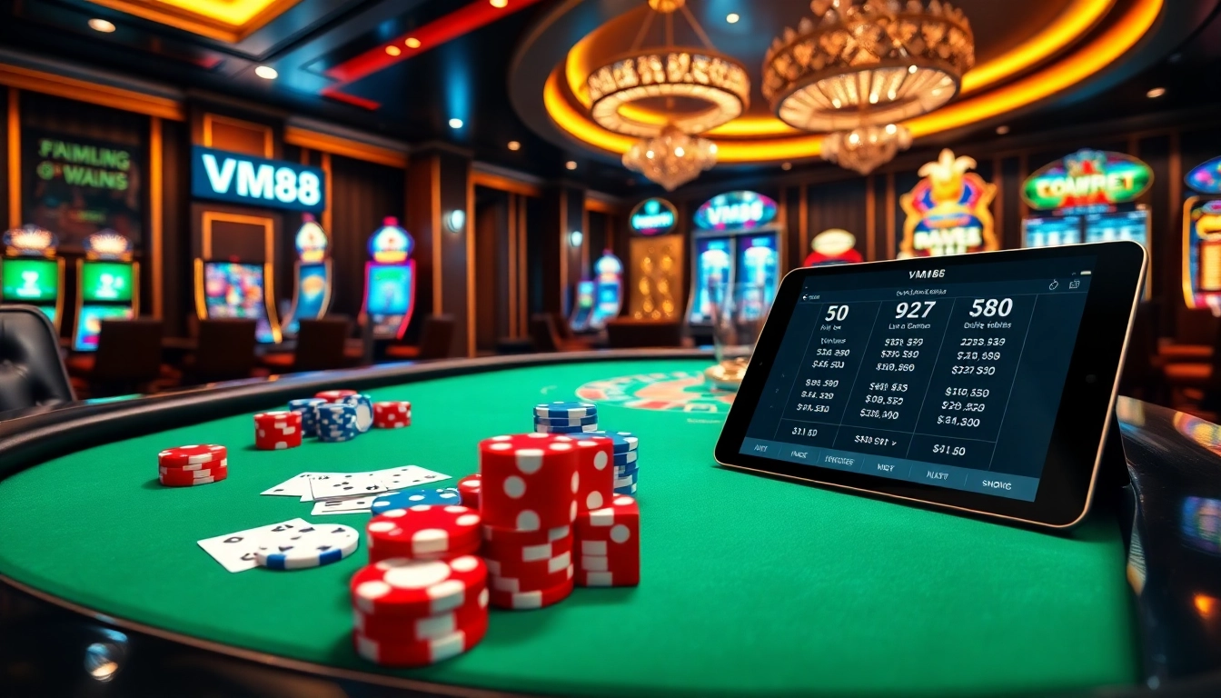 VM88 casino interface showcasing competitive odds and dynamic poker chips in action