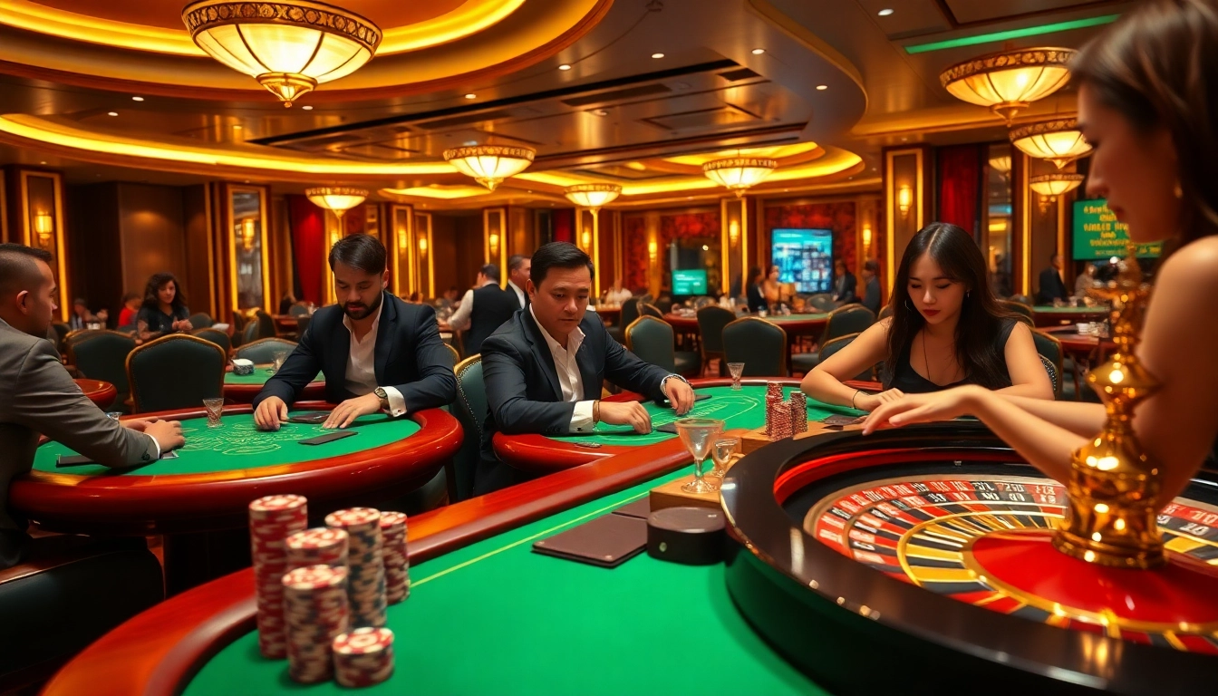 Players strategizing in the luxurious DH88 casino lounge with poker chips and vibrant roulette wheel.