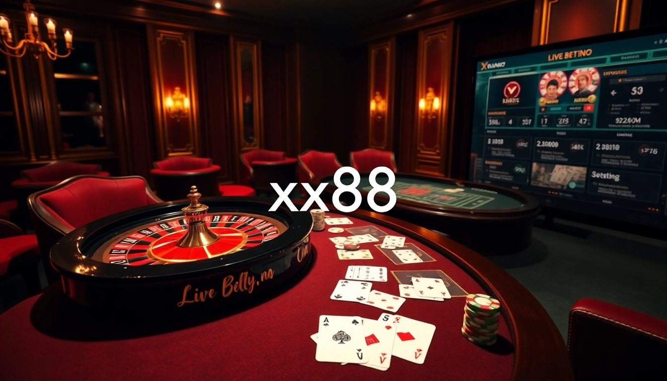 Experience the thrill of xx88's casino with vibrant poker chips and an inviting roulette wheel.