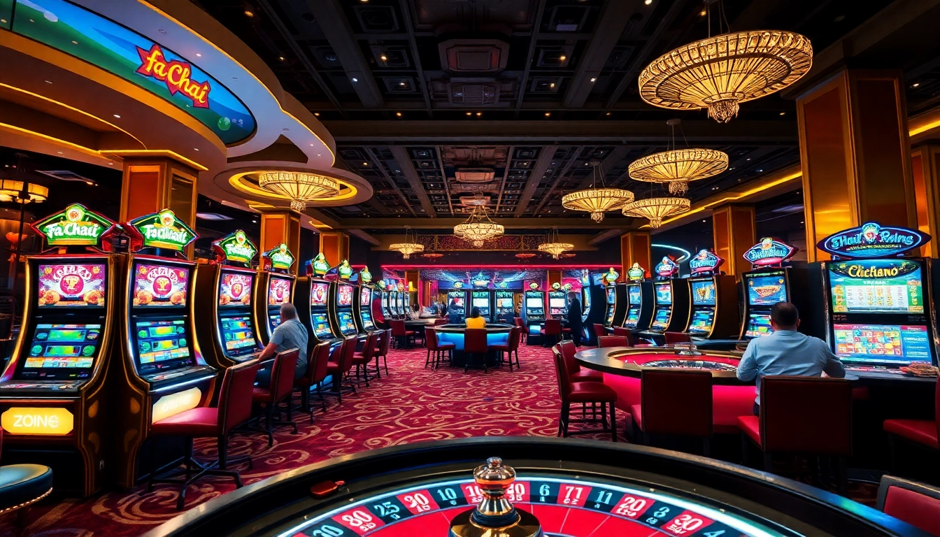 Experience the thrill of FaChai Gaming with an immersive casino scene featuring vibrant slot machines and engaging players.