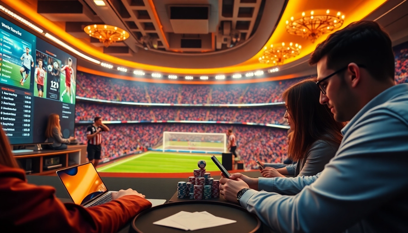 Placing bets on Situs Judi Bola with a vibrant digital interface and football decor.