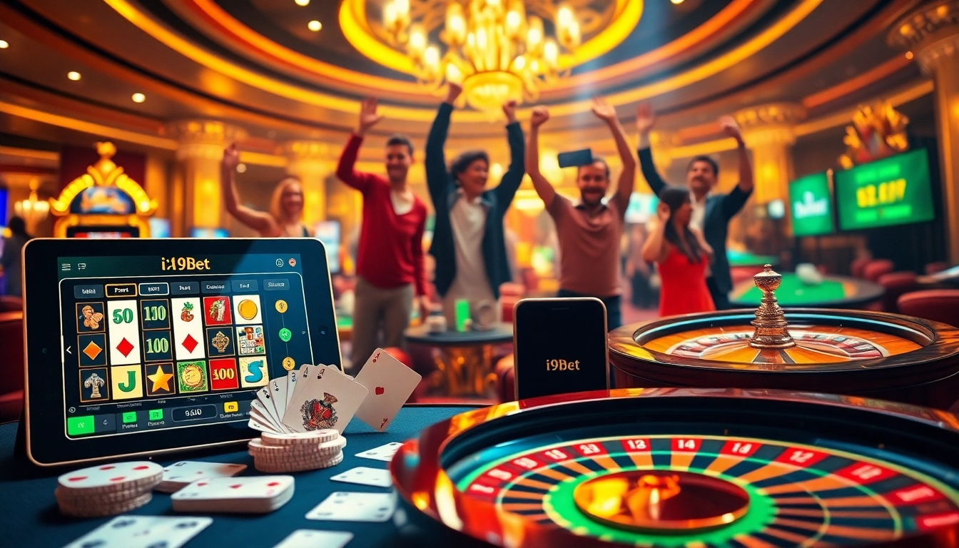 i9bet users placing bets on vibrant slot machines in a luxurious online casino environment.