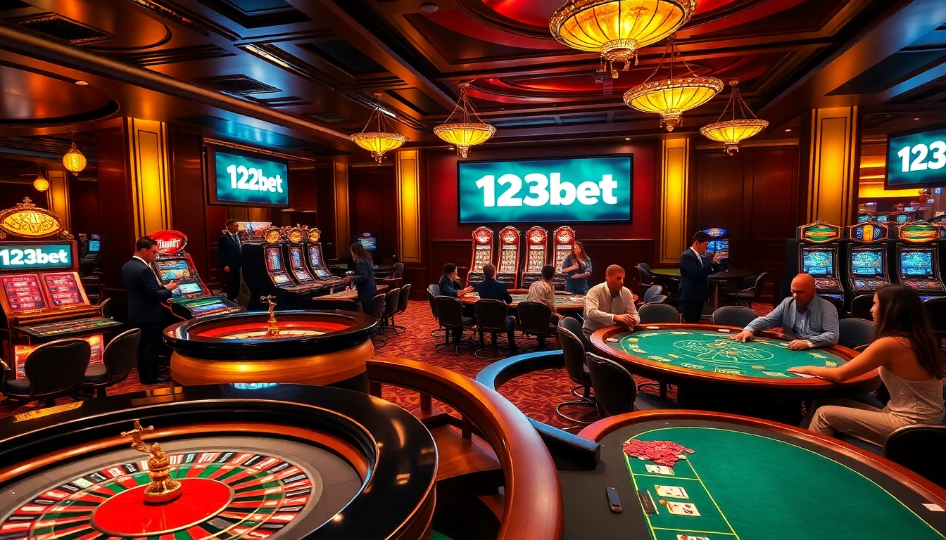 Engaging players enjoy a thrilling gaming experience at 123bet casino tables with vibrant colors and excitement.