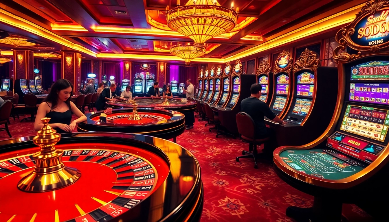 SODO66 gamblers enjoying luxury gaming with roulette tables and poker chips in a vibrant casino.