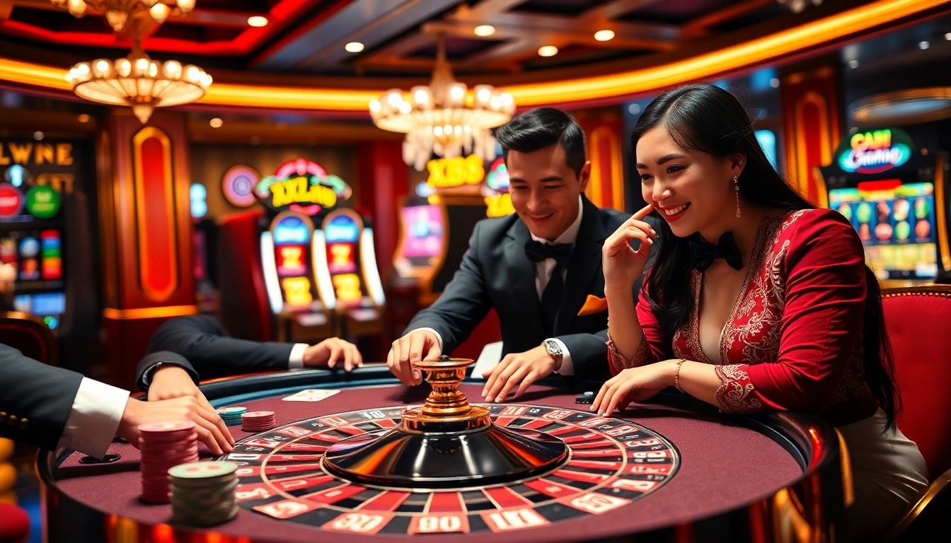 Gaming excitement at nhà cái XX88 casino with professionals at roulette and vibrant chips.