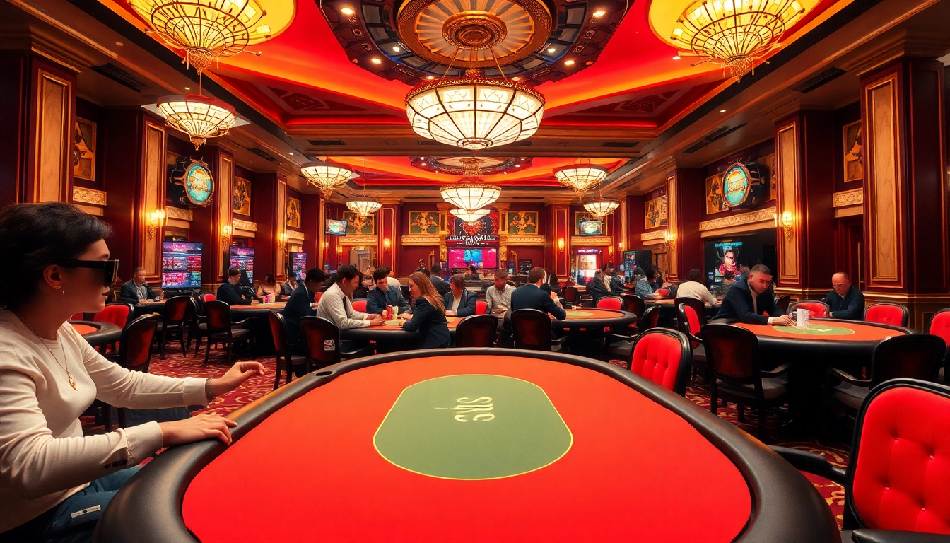 Bermain idnpoker di kasino modern dengan suasana meriah dan pemain yang terlibat.