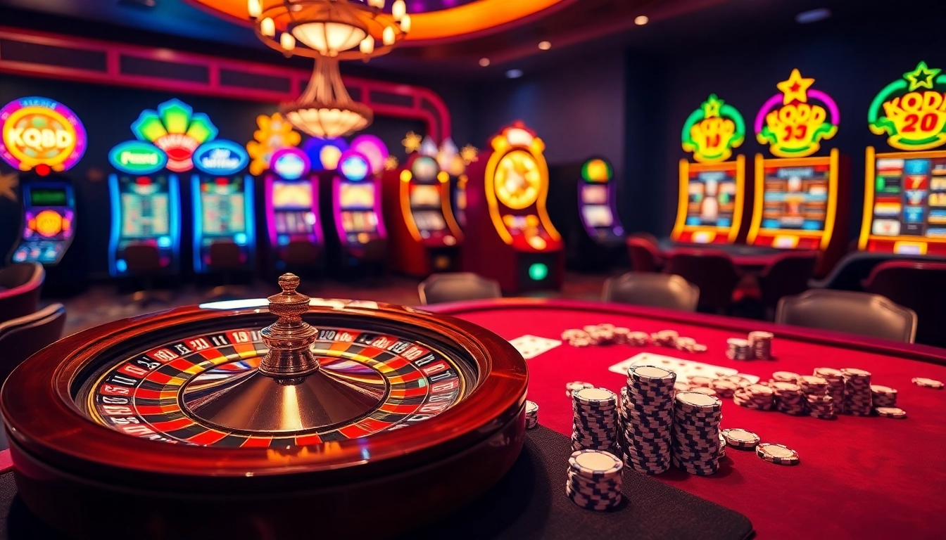 KQBD showcasing a luxurious casino scene with roulette, poker, and online betting interface.