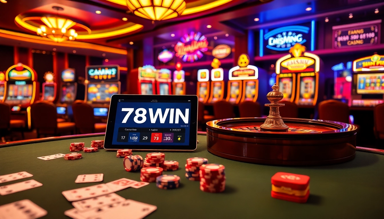 Engage with thrilling gambling action at 78WIN casino, showcasing colorful tables and vibrant slot machines.