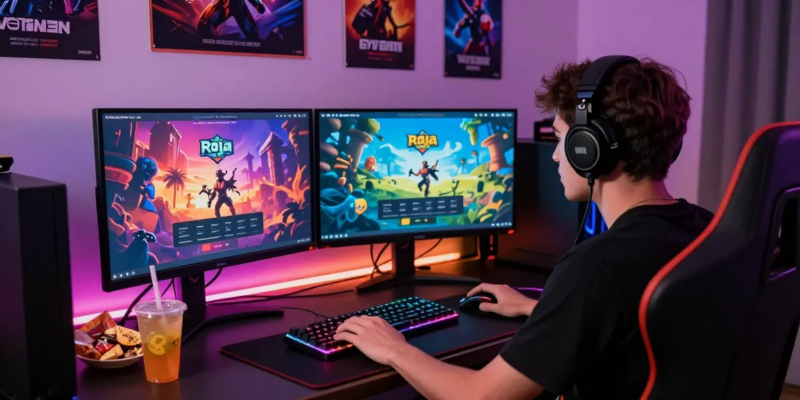Raja Game login scene with a focused gamer at dual screens and vibrant gaming setup.