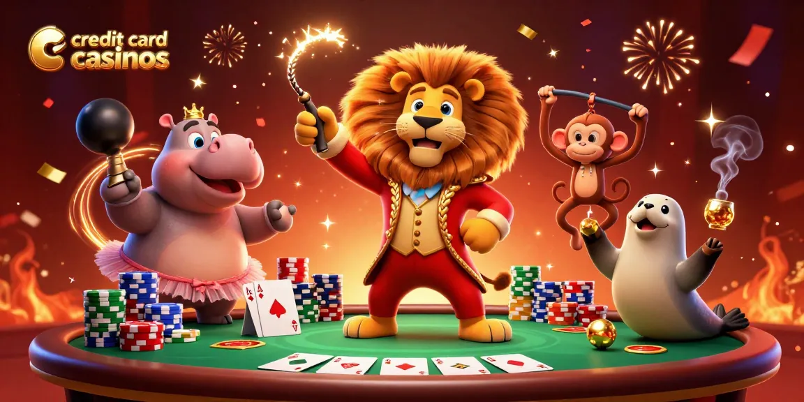Experience excitement at credit card casinos with a vibrant scene of a lion ringmaster, hippo, monkey, and seal amidst festive gaming elements.